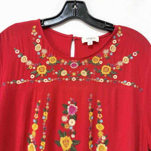 Umgee Mini Tunic Dress Womens Medium Red Embroidered Short Sleeve  Boho Artsy - Picture 3 of 10